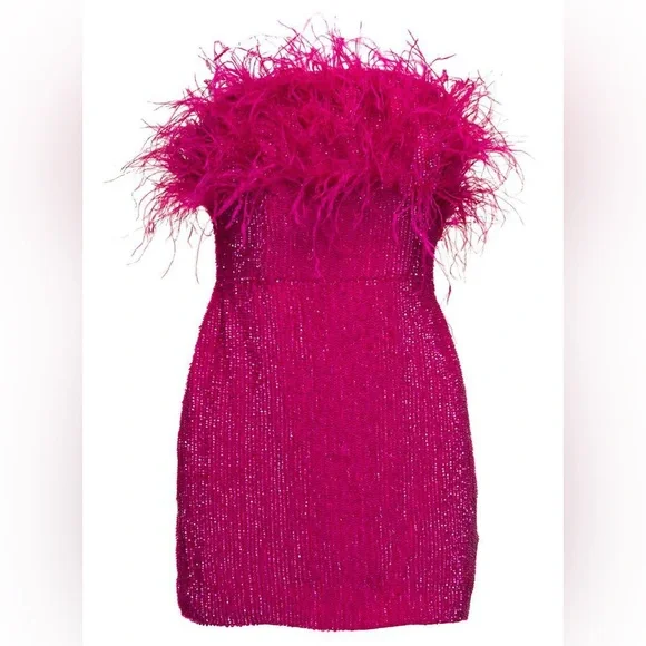 NWT Retroféte Torin Sequin Bandeau Ostrich-trim Mini Dress In Pink. Size Large